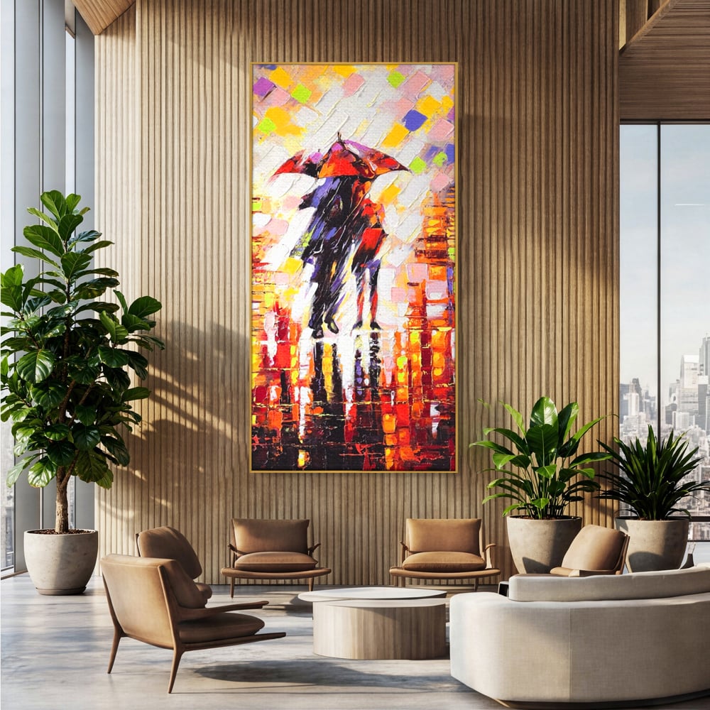 Tablou canvas cu tablou canvas cu cuplu sub umbrela, in rama de aluminiu auriu, pe perete intr-un birou
